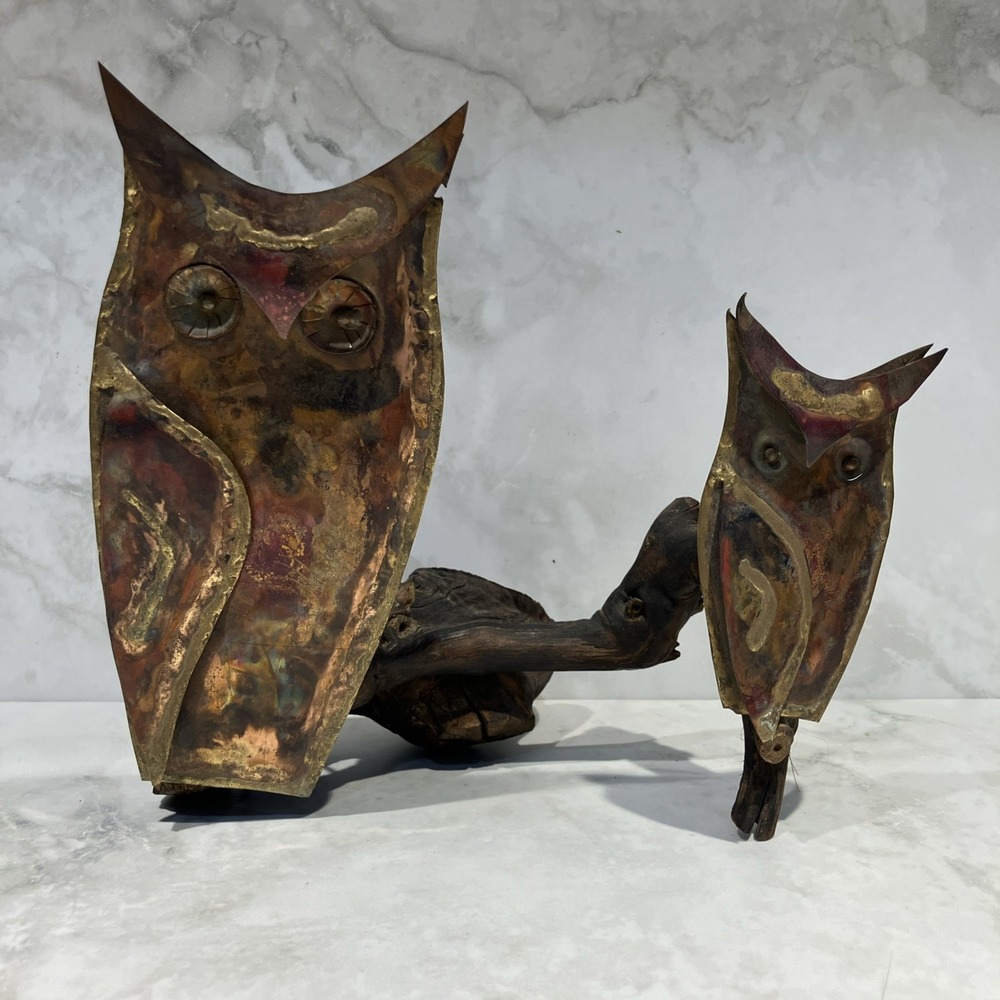 Metal Owl Sculpture Art MCM Vintage Brutalist Rustic Folk Art